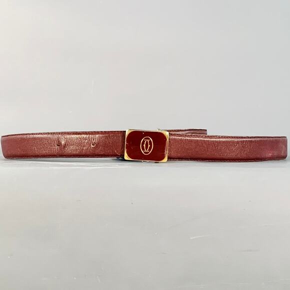 CARTIER Vintage Size 43 Burgundy Gold Logo Leather Skinny Belt - Picture 1 of 8
